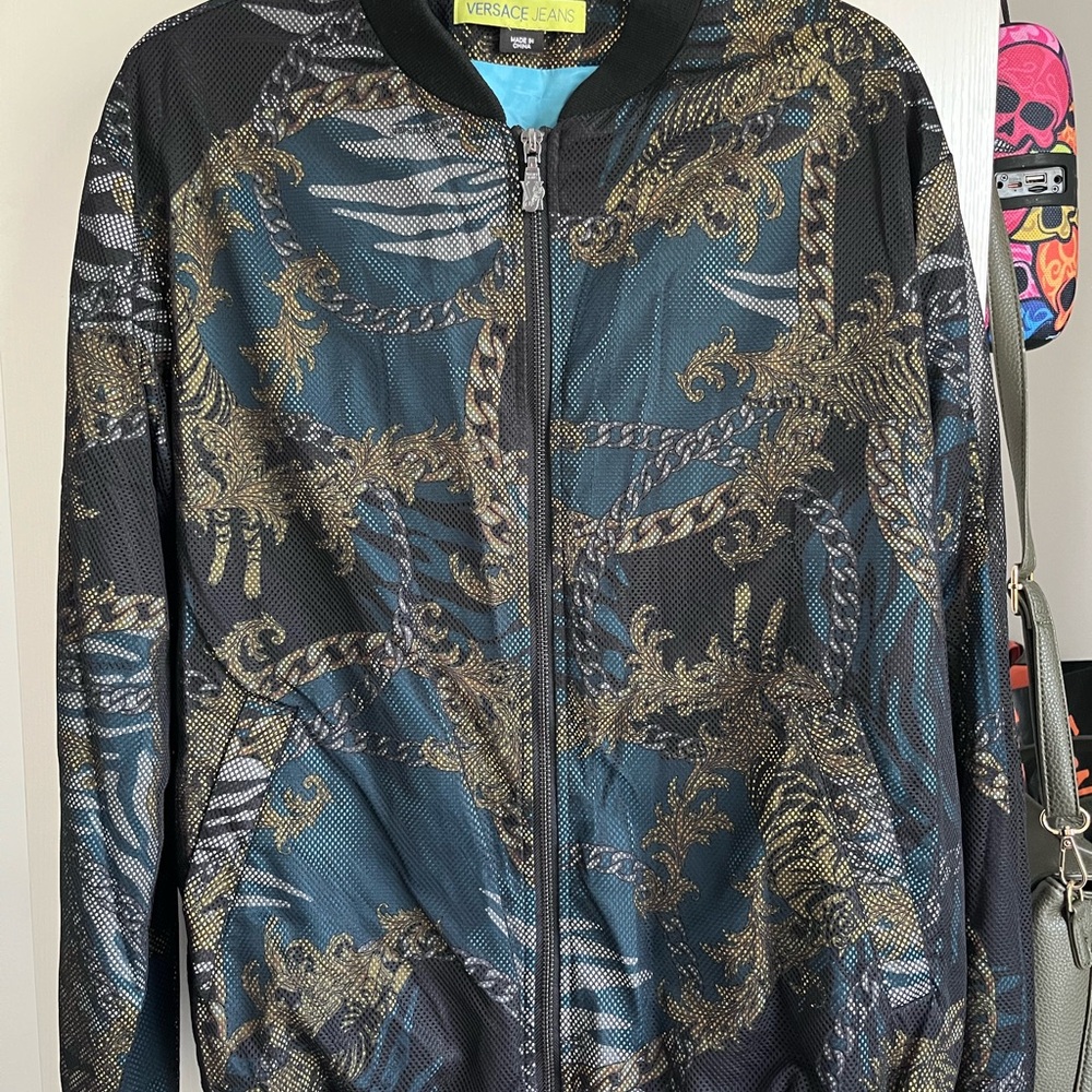 Versace Jeans Collection Teal and Gold Bomber Jacket
